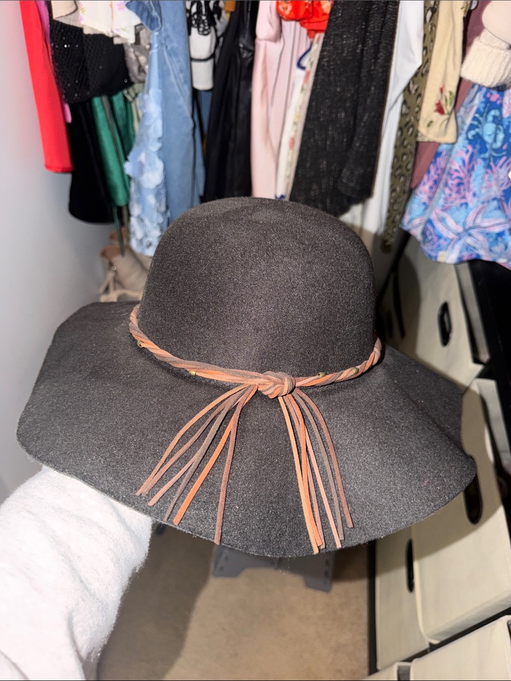 Wide-Brim Wool-Feel Black Hat with Tan Braided Trim